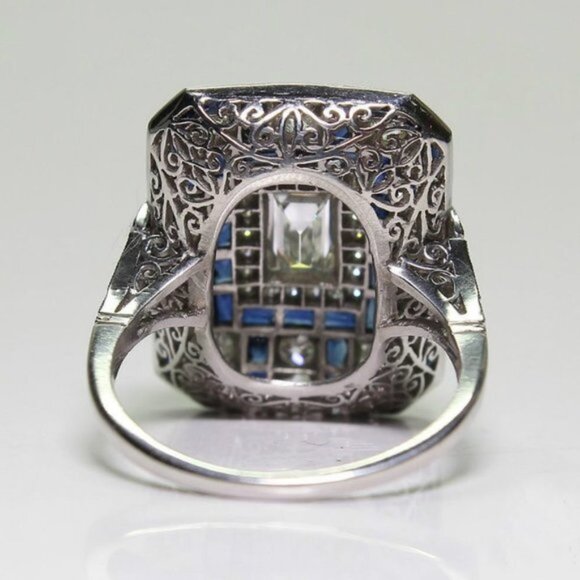 NEW Silver Blue Sapphire Diamond Art Deco Ring - Picture 3 of 3